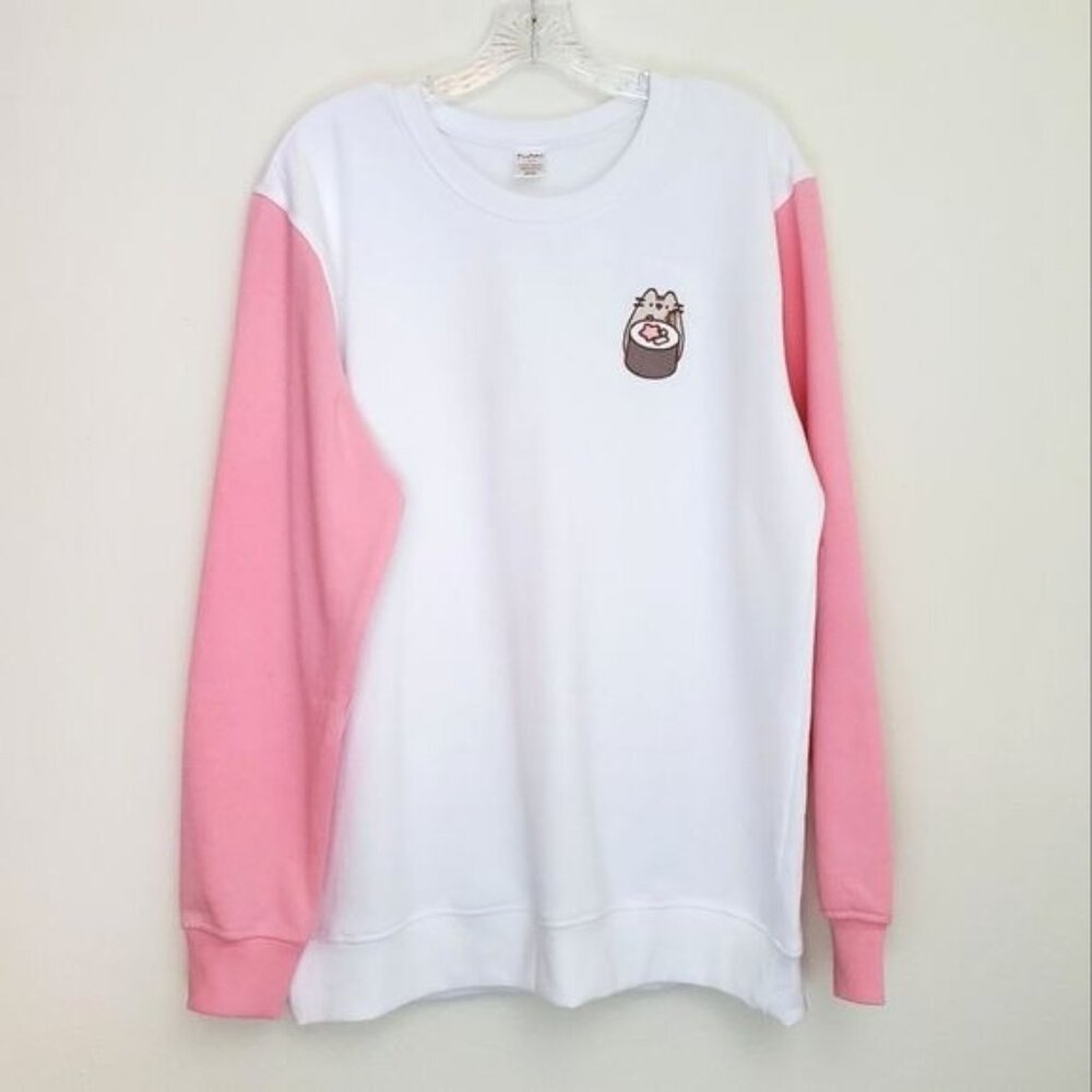 Pusheen sushi cat colorblock crew neck pink and white sweatshirt